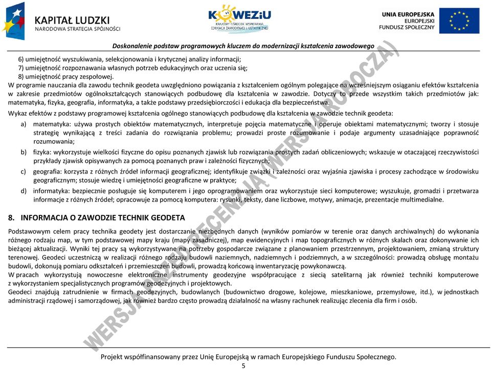 stanowiących podbudowę dla kształcenia w zawodzie.