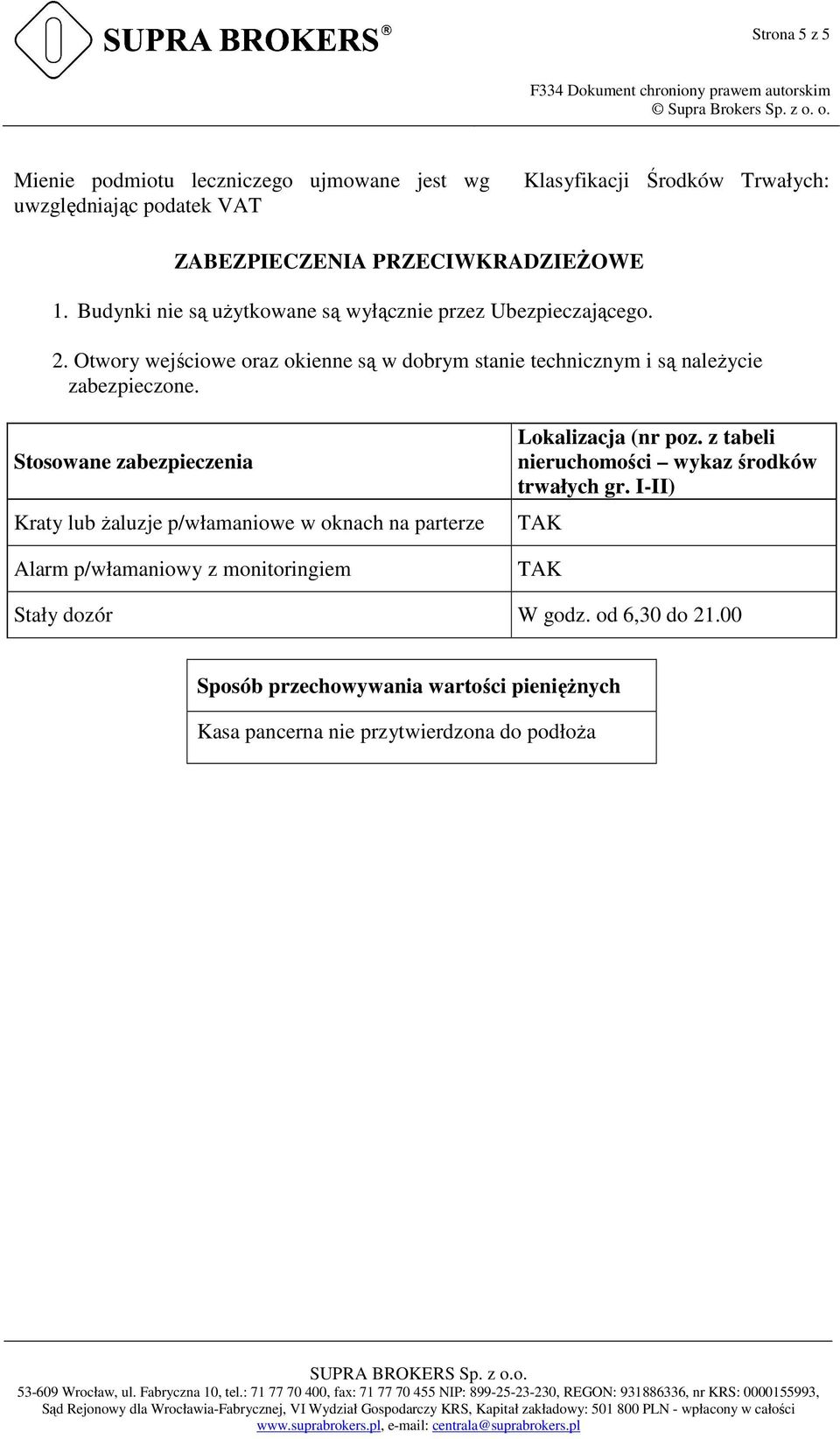 Stosowane zabezpieczenia Kraty lub Ŝaluzje p/włamaniowe w oknach na parterze Alarm p/włamaniowy z monitoringiem Lokalizacja (nr poz.