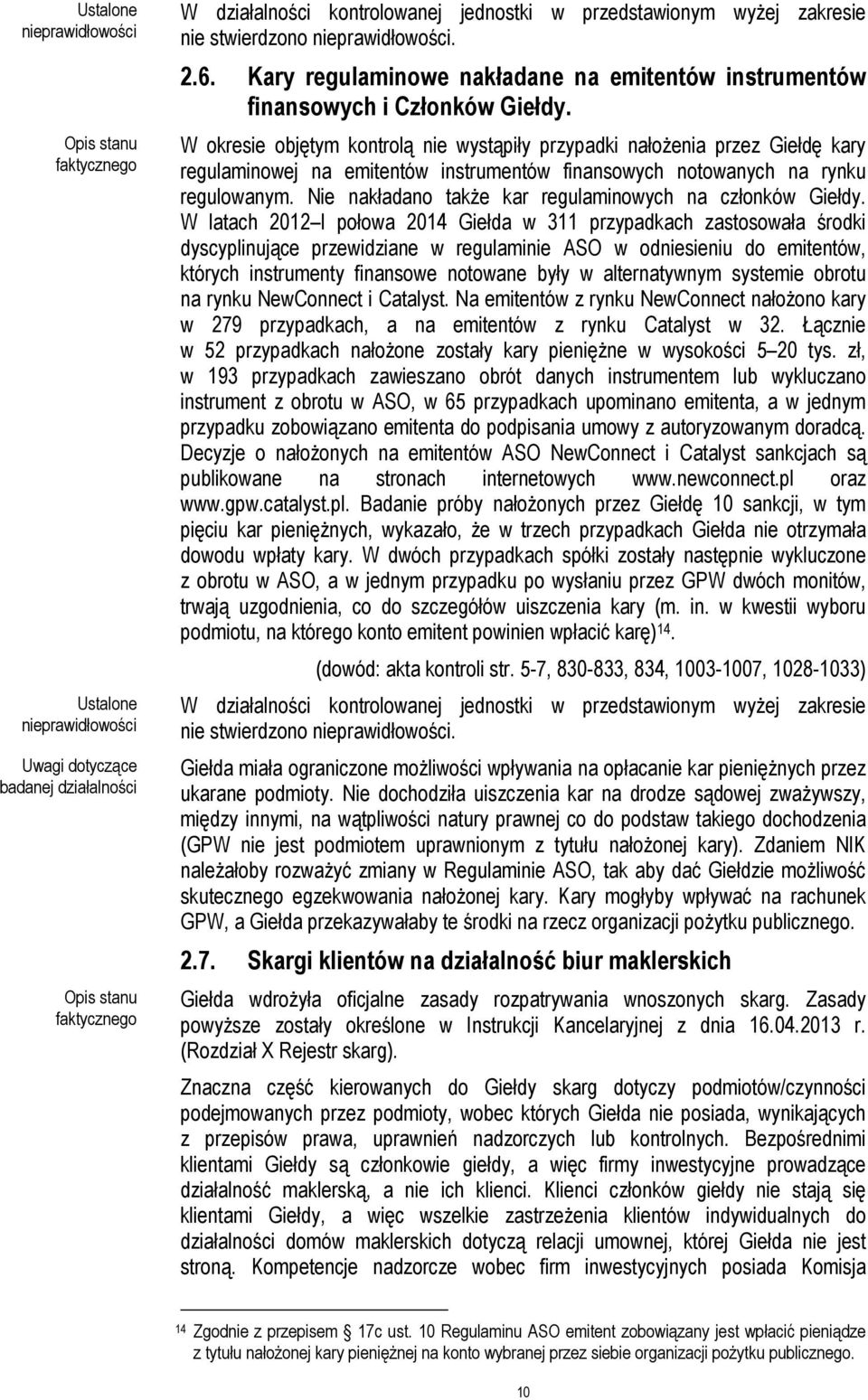 W okresie objętym kontrolą nie wystąpiły przypadki nałożenia przez Giełdę kary regulaminowej na emitentów instrumentów finansowych notowanych na rynku regulowanym.