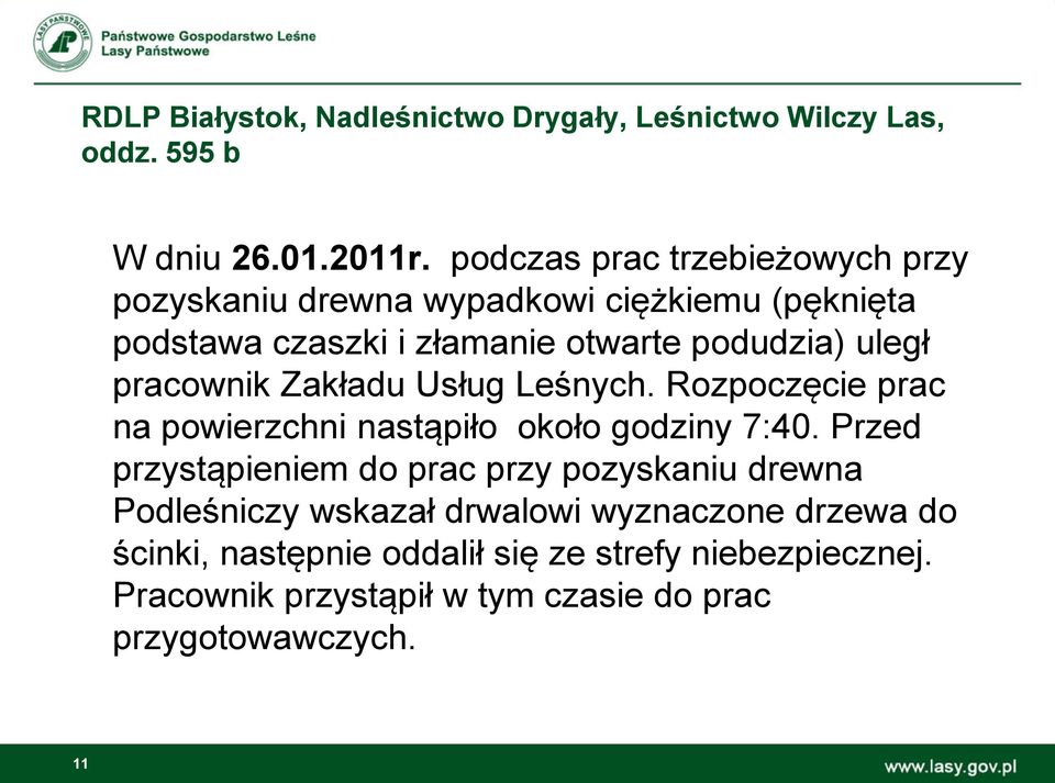 pracownik Zakładu Usług Leśnych. Rozpoczęcie prac na powierzchni nastąpiło około godziny 7:40.