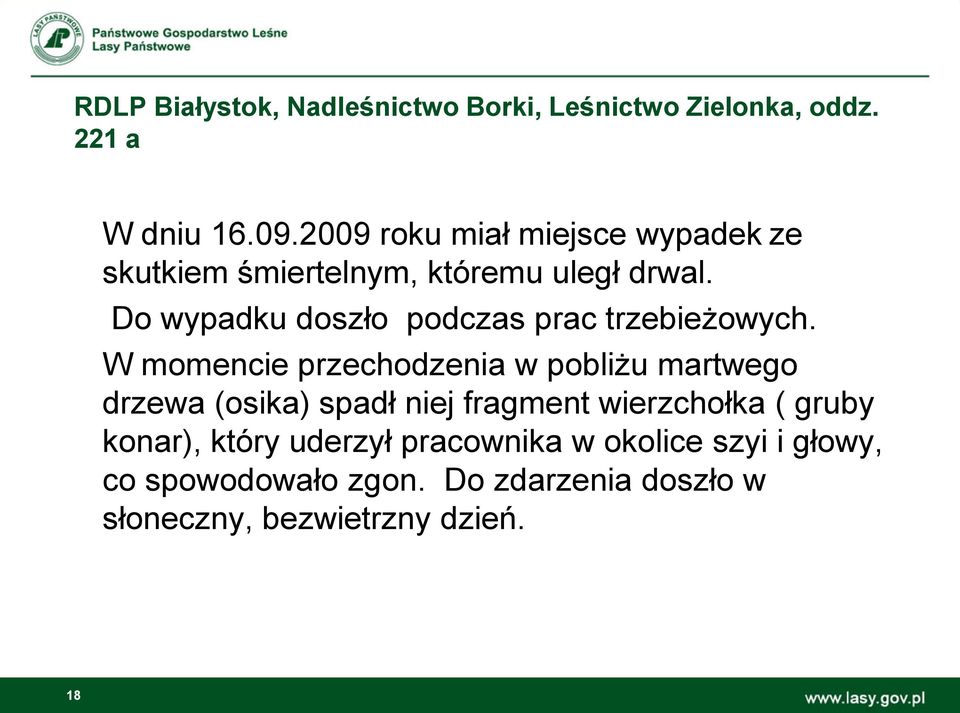 Do wypadku doszło podczas prac trzebieżowych.