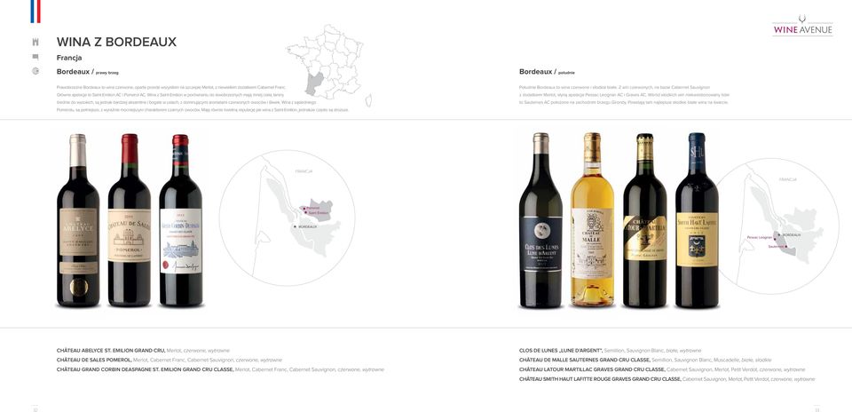 Wina z Saint-Emilion w porównaniu do lewobrzeżnych mają mniej ciała, taniny średnie do wysokich, są jednak bardziej aksamitne i bogate w ustach, z dominującymi aromatami czerwonych owoców i śliwek.