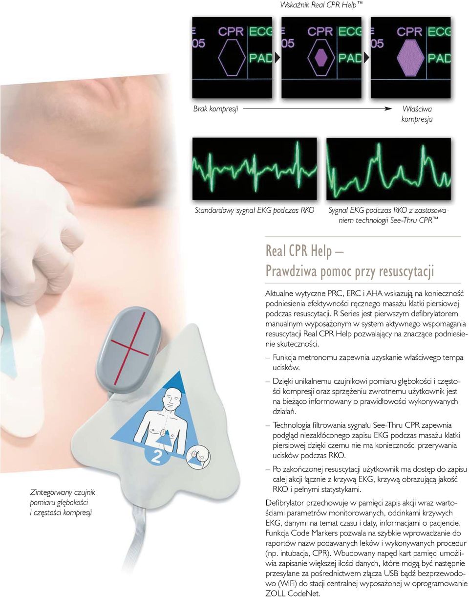 resuscytacji. R Series jest pierwszym defibrylatorem manualnym wyposażonym w system aktywnego wspomagania resuscytacji Real CPR Help pozwalający na znaczące podniesienie skuteczności.