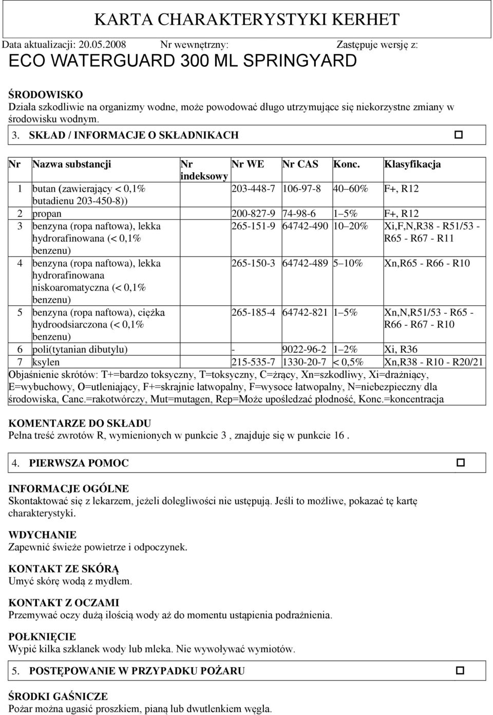 Klasyfikacja indeksowy 1 butan (zawierający < 0,1% 203-448-7 106-97-8 40 60% F+, R12 butadienu 203-450-8)) 2 propan 200-827-9 74-98-6 1 5% F+, R12 3 benzyna (ropa naftowa), lekka hydrorafinowana (<