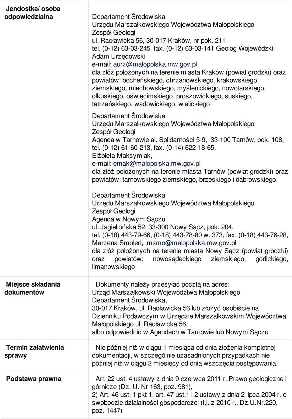 oświęcimskiego, proszowickiego, suskiego, tatrzańskiego, wadowickiego, wielickiego Agenda w Tarnowie al. Solidarności 5-9, 33-100 Tarnów, pok. 108, tel. (0-12) 61-60-213, fax.