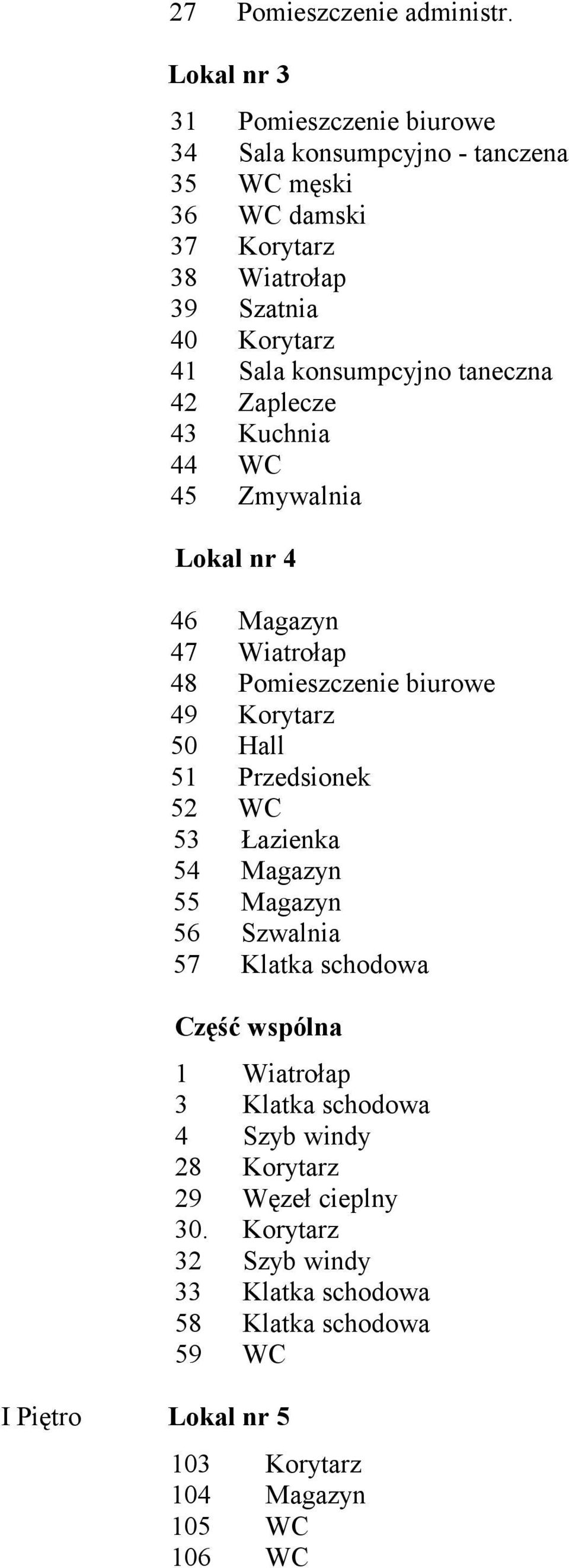 konsumpcyjno taneczna 42 Zaplecze 43 Kuchnia 44 WC 45 Zmywalnia Lokal nr 4 46 Magazyn 47 Wiatrołap 48 Pomieszczenie biurowe 49 Korytarz 50 Hall 51