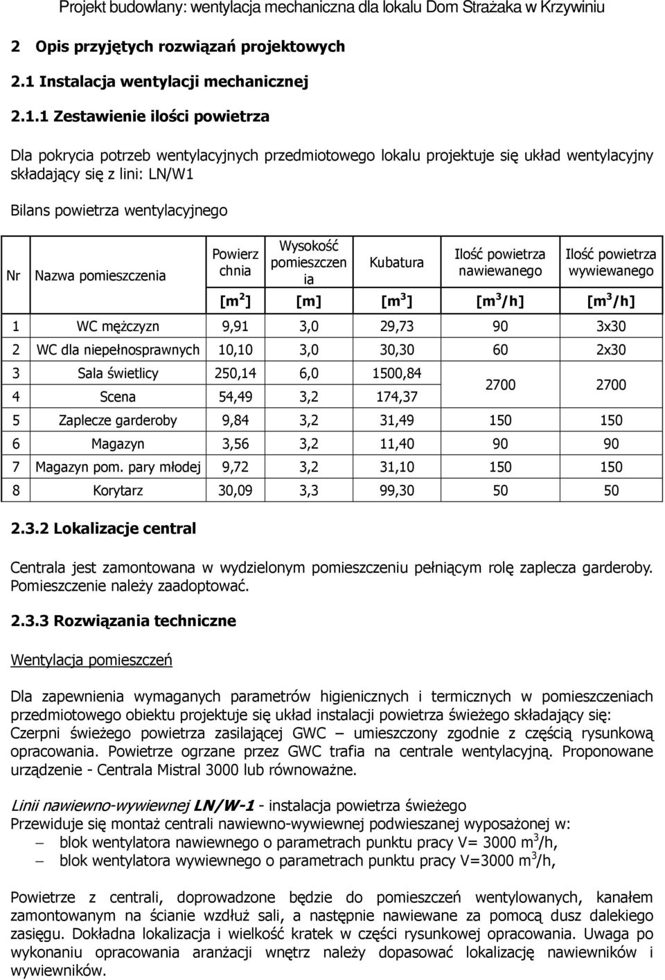 1 Zestawienie ilości powietrza Dla pokrycia potrzeb wentylacyjnych przedmiotowego lokalu projektuje się układ wentylacyjny składający się z lini: LN/W1 Bilans powietrza wentylacyjnego Nr Nazwa