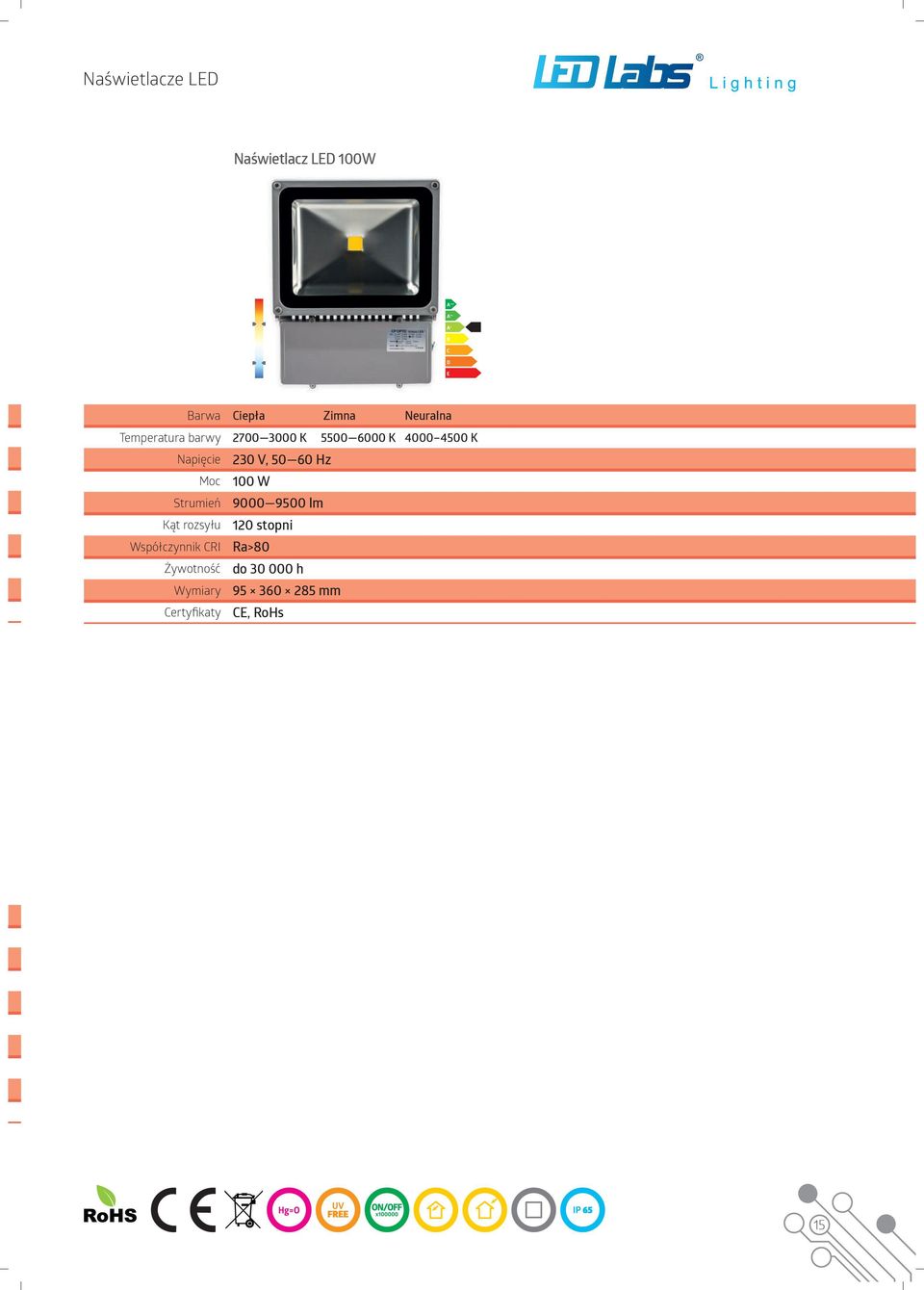 60 Hz Moc 100 W Strumień 9000 9500 lm Kąt rozsyłu 120 stopni