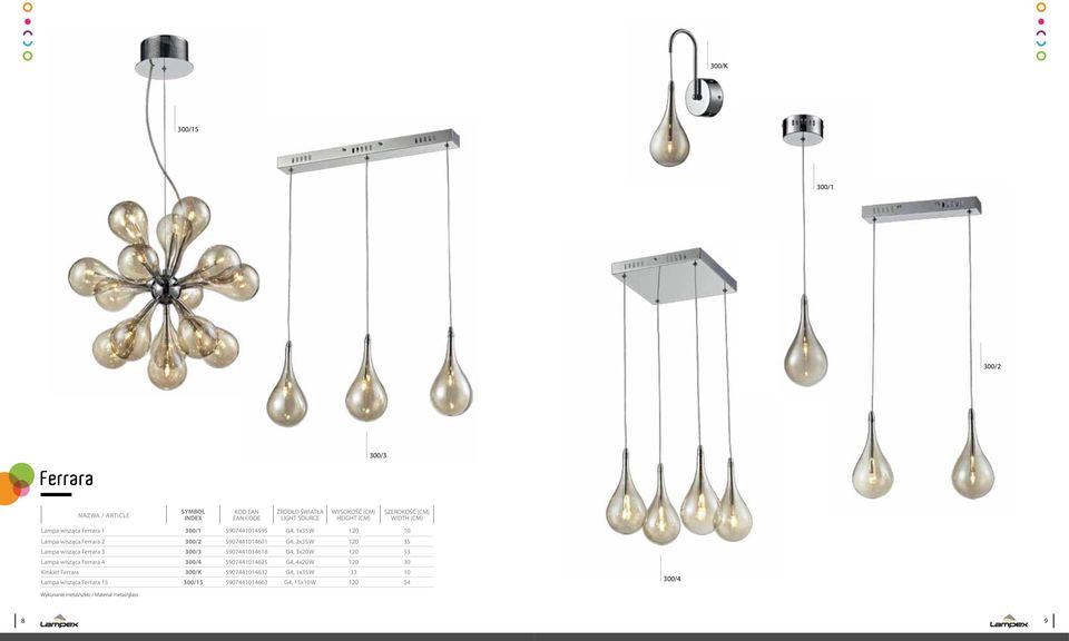 G4, 3x20 W 120 53 Lampa wisząca Ferrara 4 0/4 5907441014625 G4, 4x20 W 120 Kinkiet Ferrara 0/K