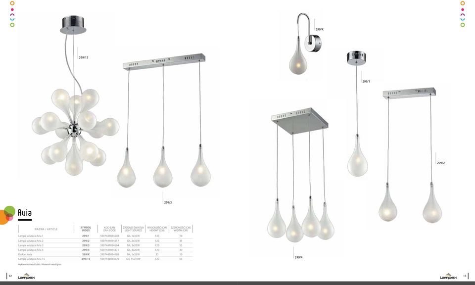 5907441014564 G4, 3x20 W 120 53 Lampa wisząca Avia 4 299/4 5907441014571 G4, 4x20 W 120 Kinkiet