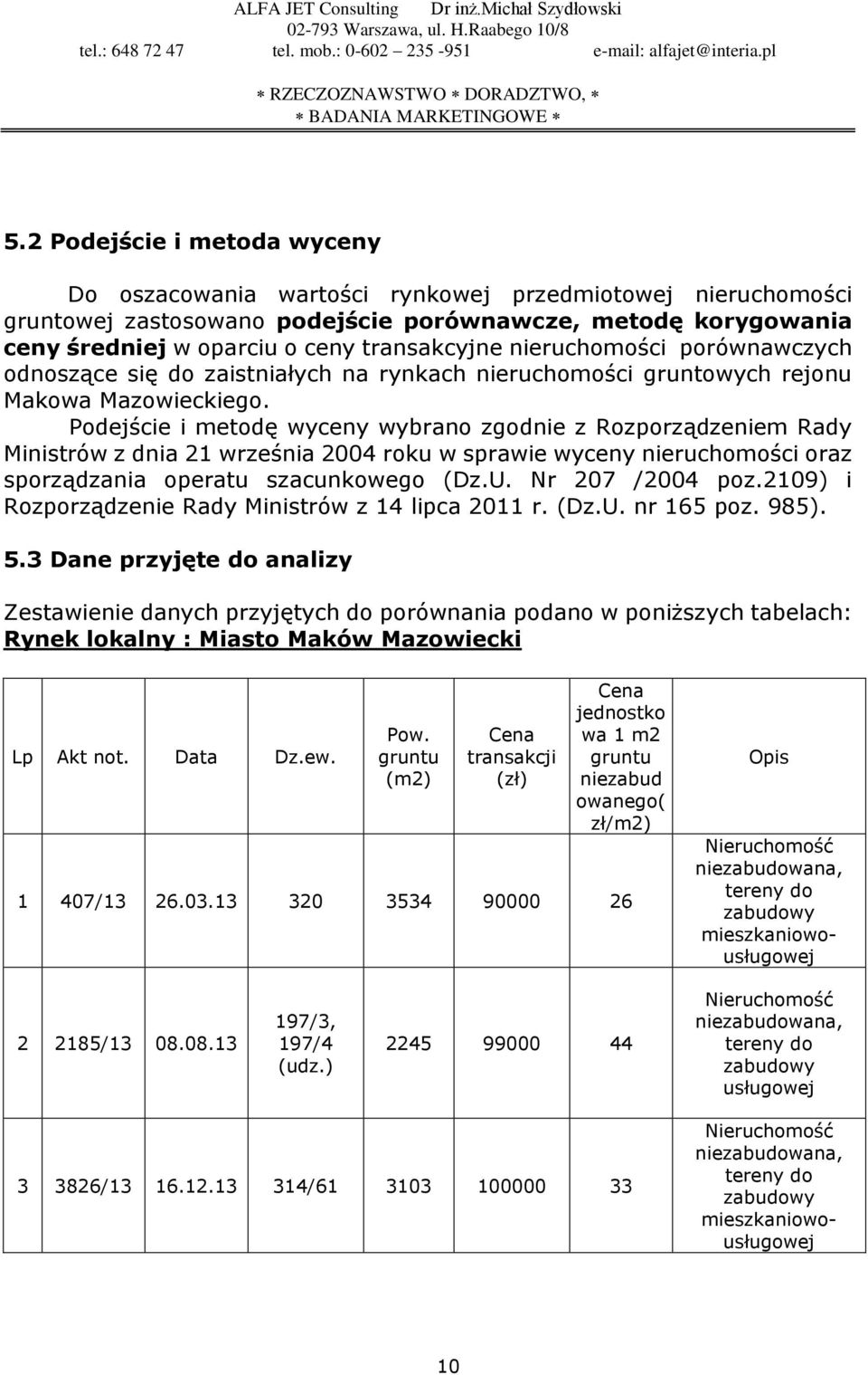 Podejście i metodę wyceny wybrano zgodnie z Rozporządzeniem Rady Ministrów z dnia 21 września 2004 roku w sprawie wyceny nieruchomości oraz sporządzania operatu szacunkowego (Dz.U. Nr 207 /2004 poz.