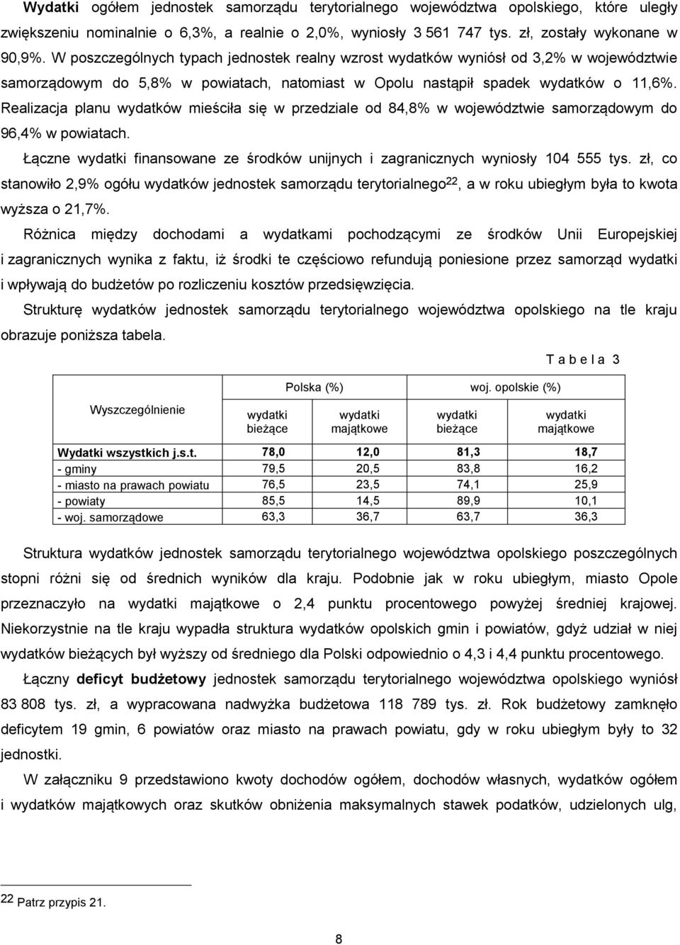 Realizacja planu wydatków mieściła się w przedziale od 84,8% w województwie samorządowym do 96,4% w powiatach. Łączne wydatki finansowane ze środków unijnych i zagranicznych wyniosły 104 555 tys.