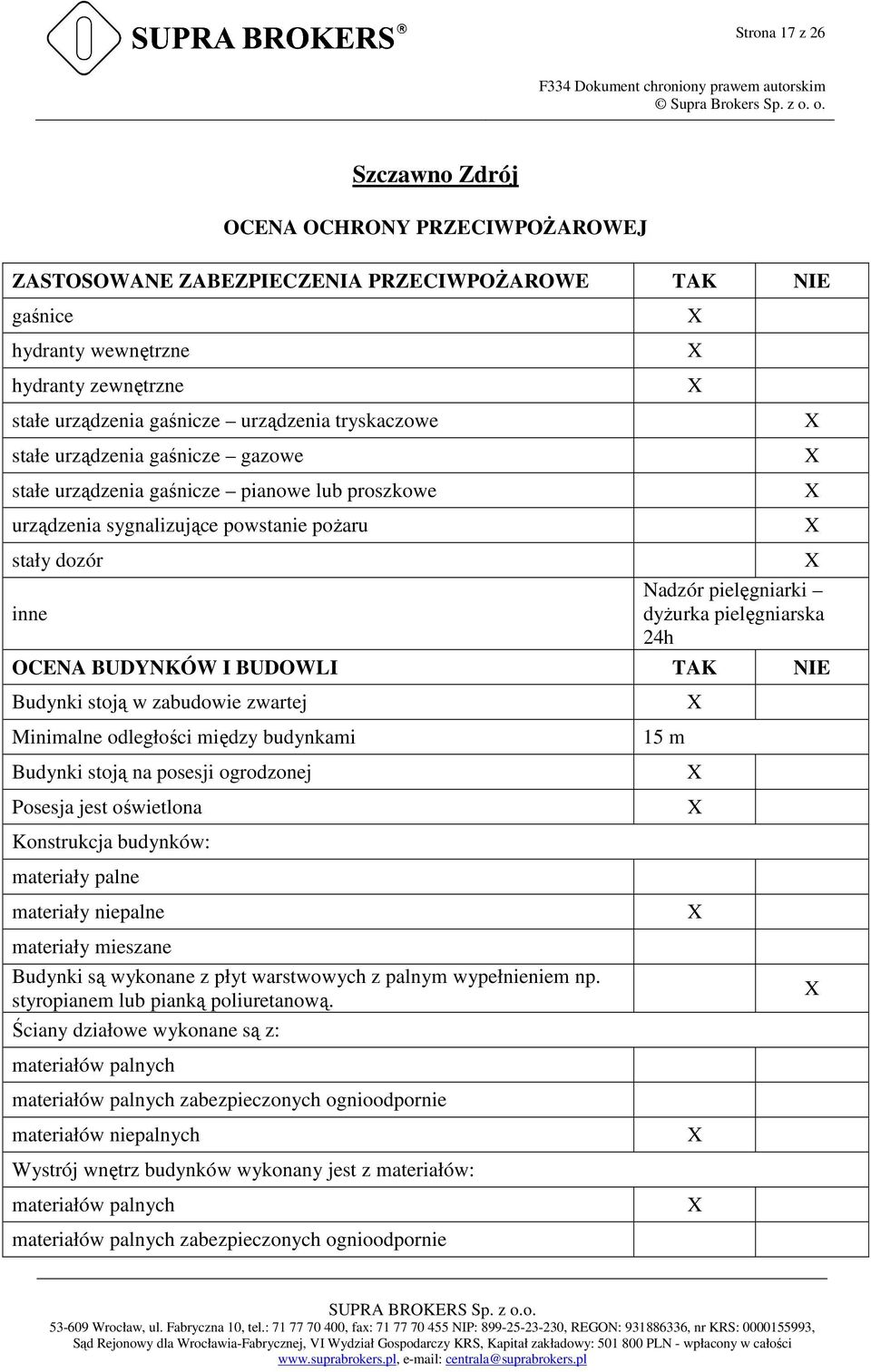 OCENA BUDYNKÓW I BUDOWLI TAK NIE Budynki stoją w zabudowie zwartej Minimalne odległości między budynkami 15 m Budynki stoją na posesji ogrodzonej Posesja jest oświetlona Konstrukcja budynków: