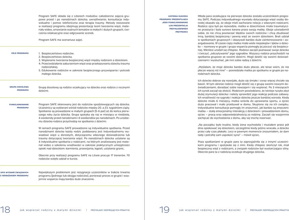 Program SAFE ma scenariusz zajęć. 1. Bezpieczeństwo rodziców. 2. Bezpieczeństwo dziecka. 3. Wspieranie tworzenia bezpiecznej więzi między rodzicem a dzieckiem. 4.