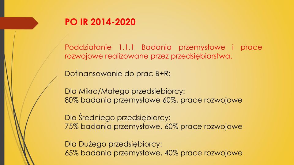 prace rozwojowe Dla Średniego przedsiębiorcy: 75% badania przemysłowe, 60% prace rozwojowe