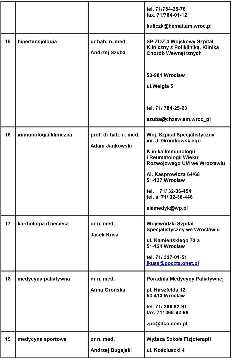 n. med. Adam Jankowski Woj. Szpital Specjalistyczny im. J. Gromkowskiego Klinika Immunologii i Reumatologii Wieku Rozwojowego UM we Wrocławiu Al. Kasprowicza 64/68 51-137 Wrocław tel.