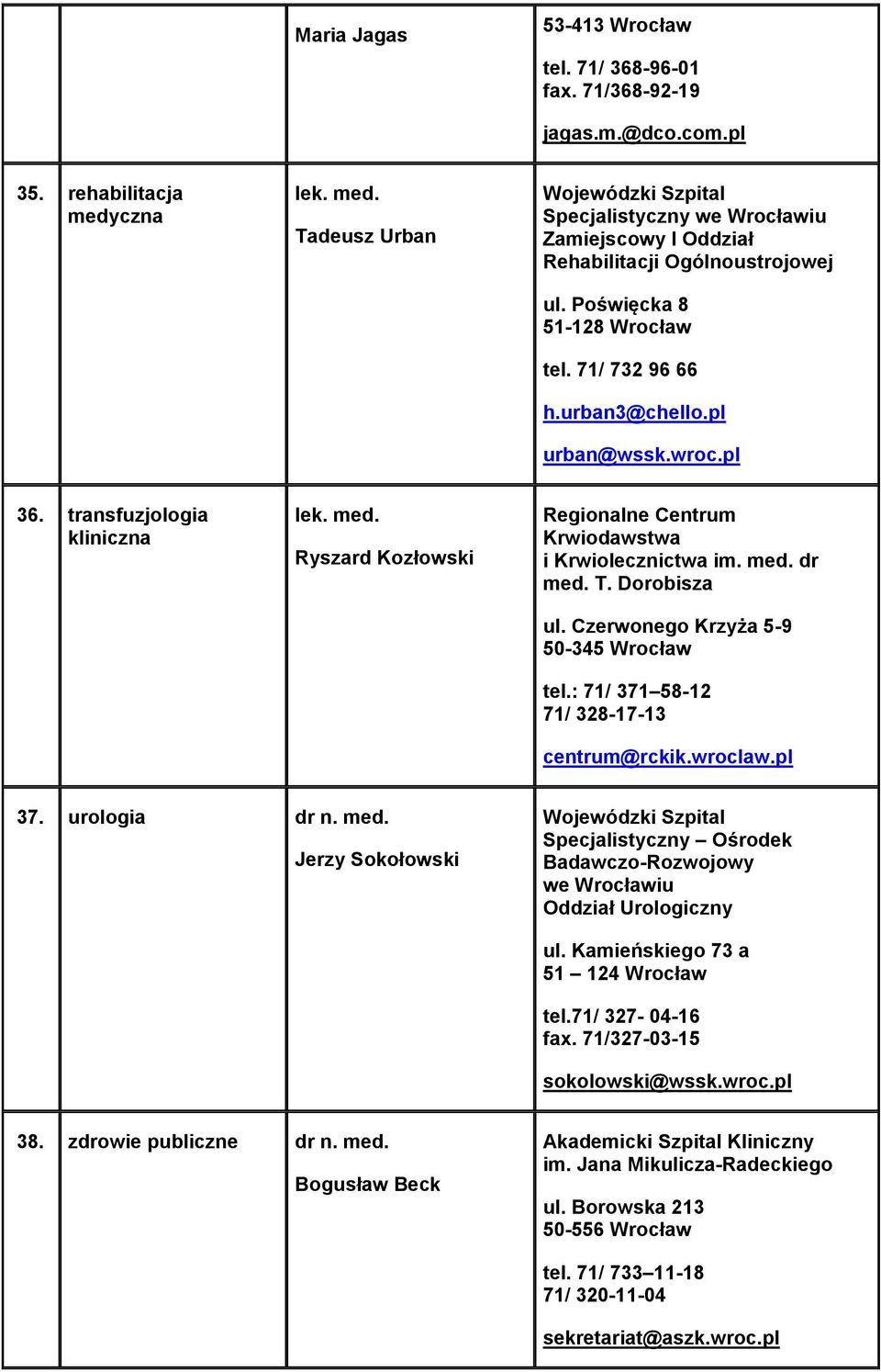 pl urban@wssk.wroc.pl 36. transfuzjologia kliniczna lek. med. Ryszard Kozłowski Regionalne Centrum Krwiodawstwa i Krwiolecznictwa im. med. dr med. T. Dorobisza ul.