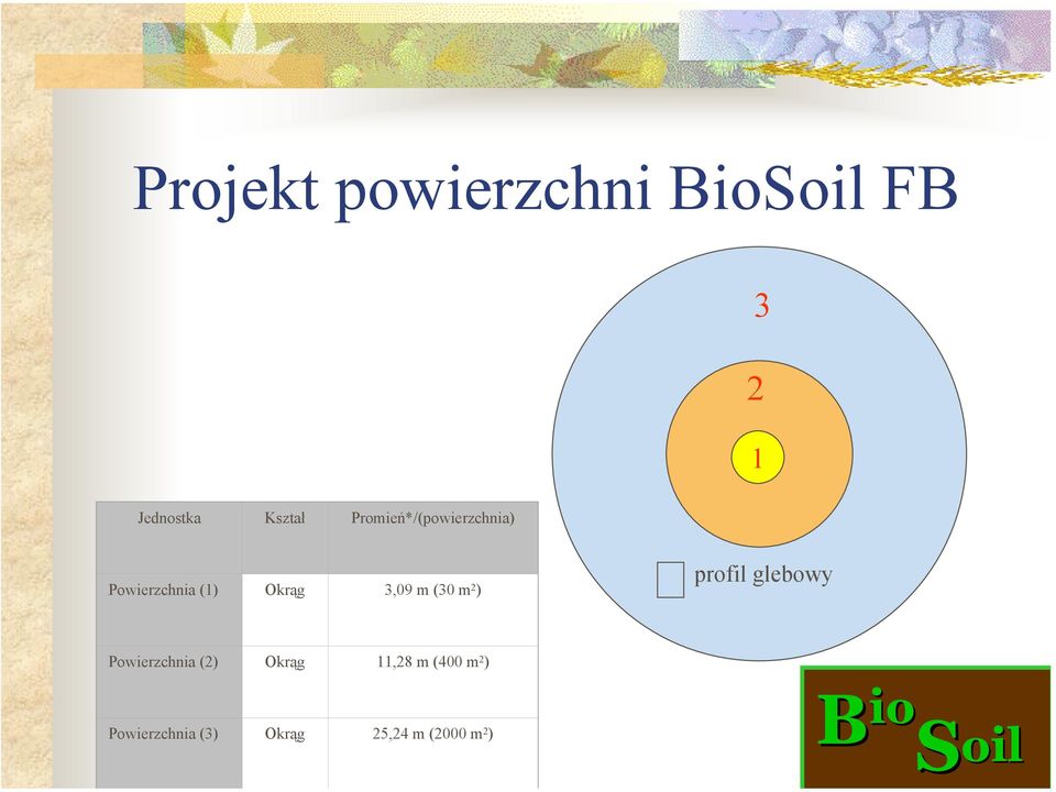(30 m 2 ) profil glebowy Powierzchnia (2) Okrąg 11,28