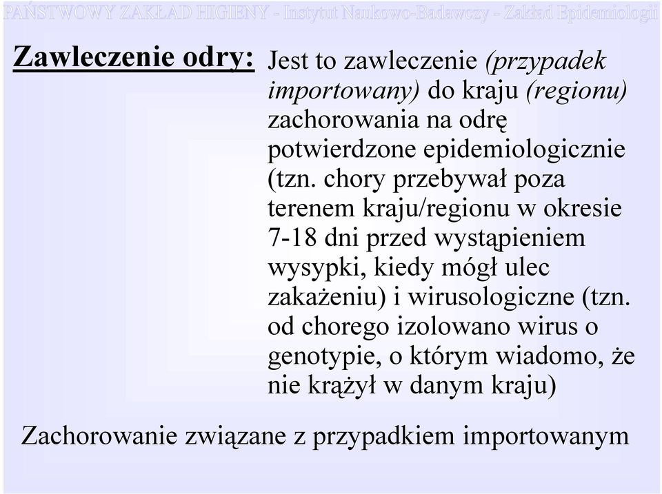 chory przebywał poza terenem kraju/regionu w okresie 7-18 dni przed wystąpieniem wysypki, kiedy mógł