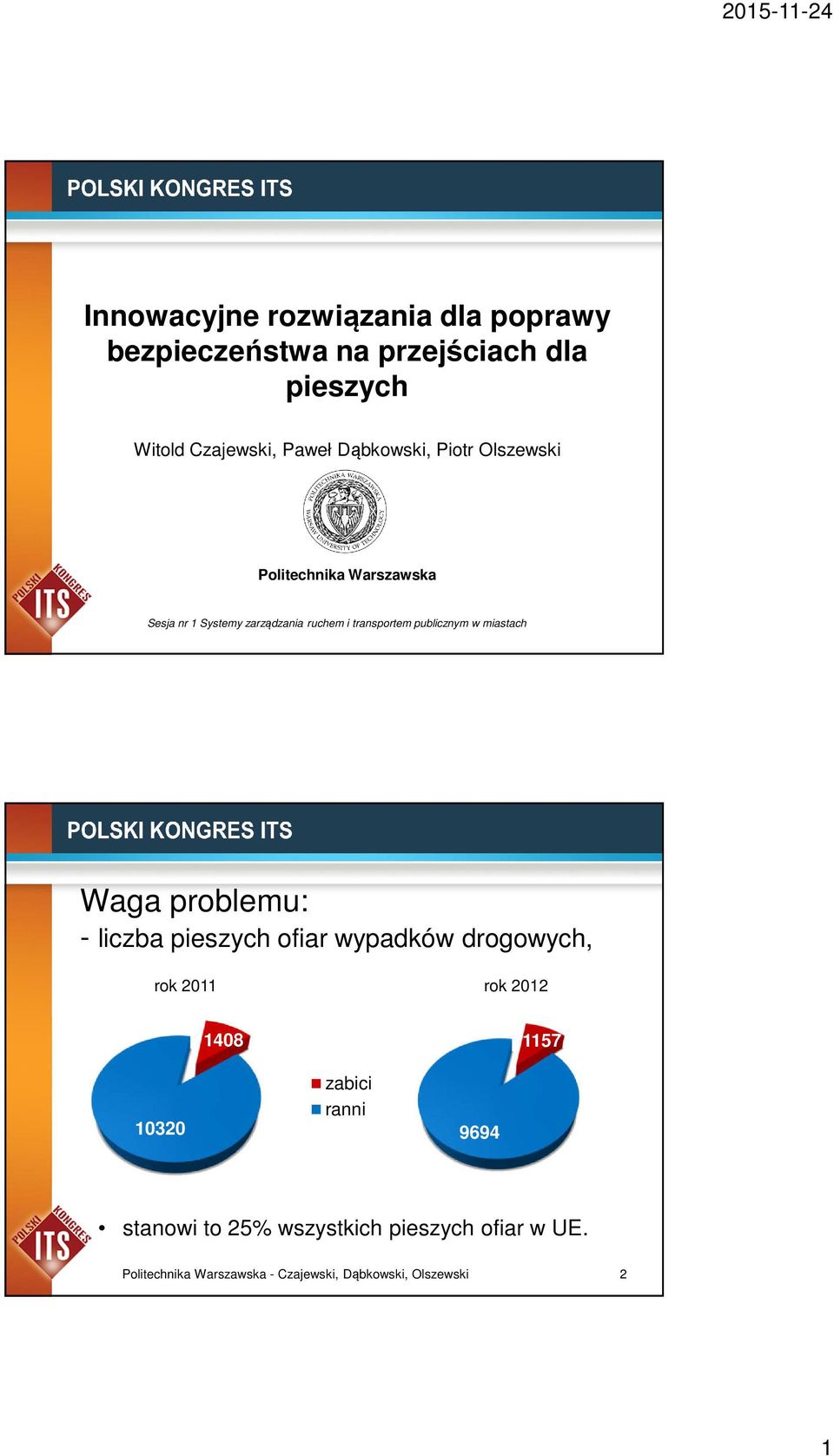 publicznym w miastach Waga problemu: - liczba pieszych ofiar wypadków drogowych, rok 2011 rok 2012 1408 1157