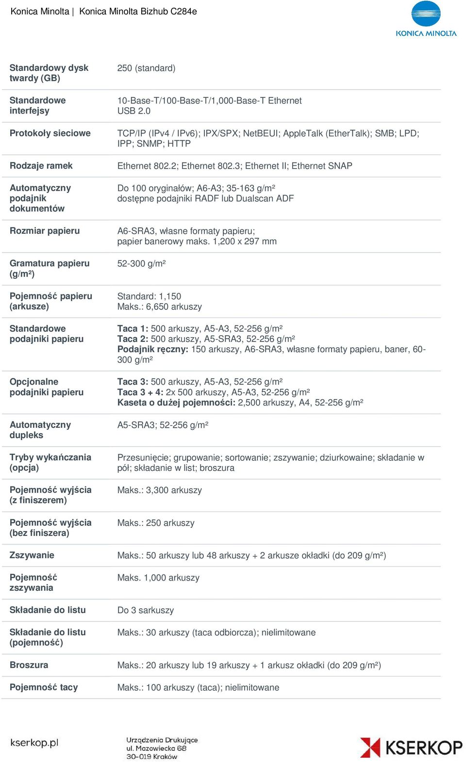 Składanie do listu Składanie do listu (pojemność) Broszura Pojemność tacy 250 (standard) 10-Base-T/100-Base-T/1,000-Base-T Ethernet USB 2.