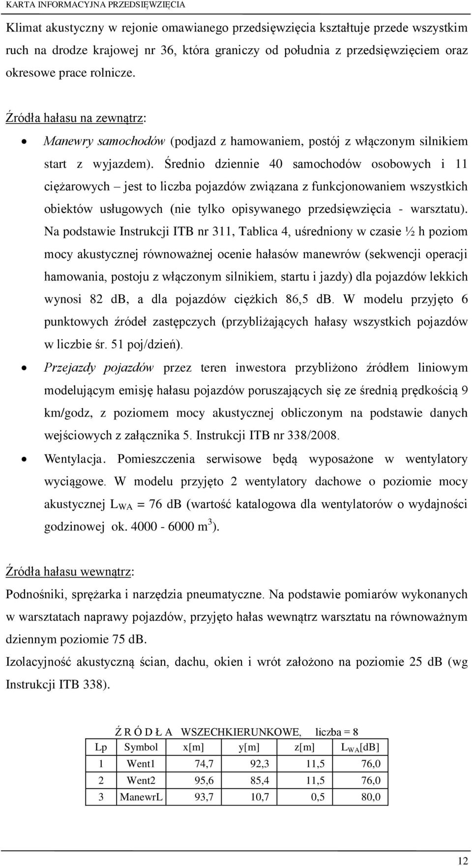 Średnio dziennie 40 samochodów osobowych i 11 ciężarowych jest to liczba pojazdów związana z funkcjonowaniem wszystkich obiektów usługowych (nie tylko opisywanego przedsięwzięcia - warsztatu).