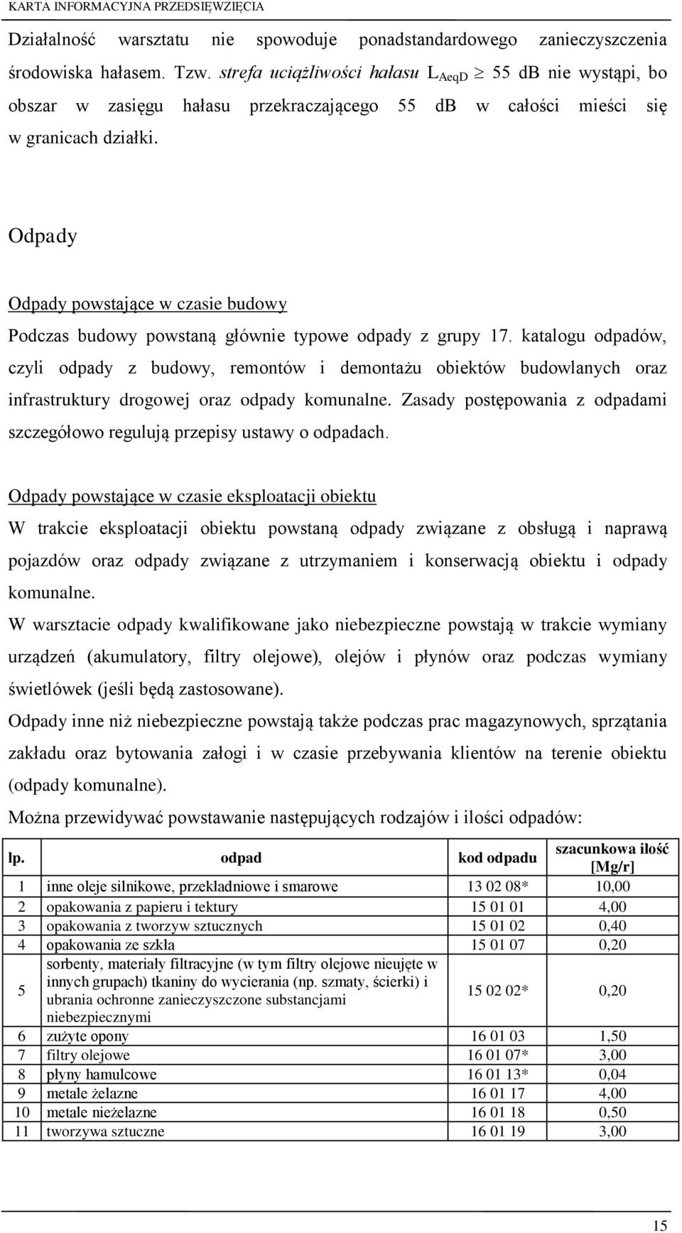Odpady Odpady powstające w czasie budowy Podczas budowy powstaną głównie typowe odpady z grupy 17.