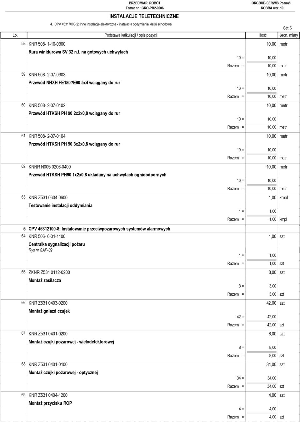 10,00 metr Przewód HTKSH PH90 1x2x0,8 układany na uchwytach ognioodpornych 63 KNR Z531 0604-0600 1,00 kmpl Testowanie instalacji oddymiania 5 CPV 45312100-8: Instalowanie przeciwpozarowych systemów