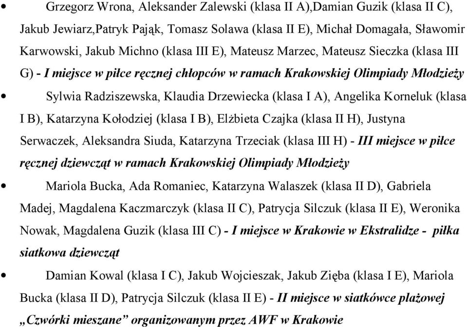 (klasa I B), Katarzyna Kołodziej (klasa I B), Elżbieta Czajka (klasa II H), Justyna Serwaczek, Aleksandra Siuda, Katarzyna Trzeciak (klasa III H) - III miejsce w piłce ręcznej dziewcząt w ramach