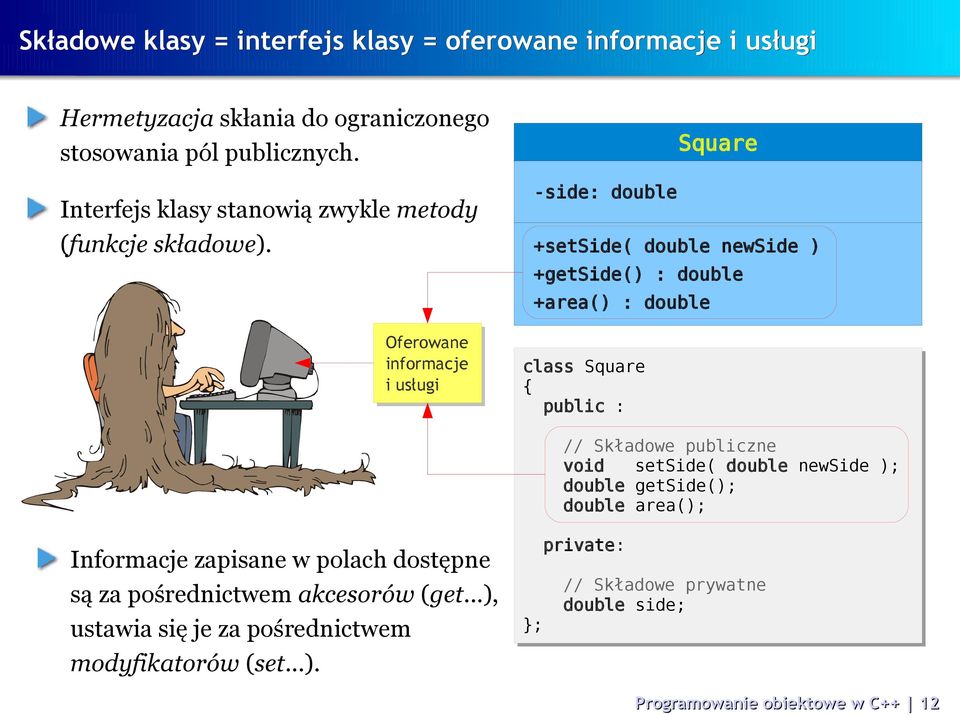 Oferowane informacje i usługi Square -side: double +setside( double newside ) +getside() : double +area() : double class Square public : // Składowe