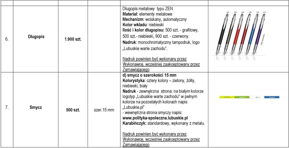 - grafitowy, 500 szt.- niebieski, 900 szt. - czerwony. Nadruk: monochromatyczny tampodruk, logo Lubuskie warte zachodu. 7. Smycz 500 szt. szer.