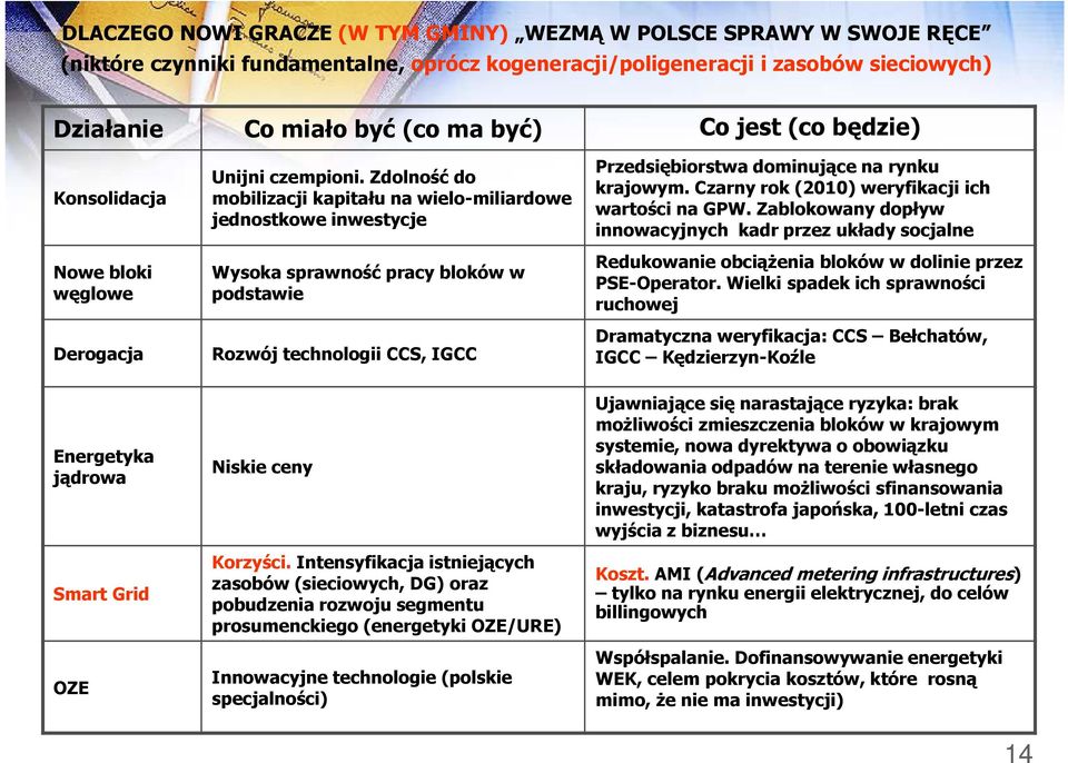 Zdolność do mobilizacji kapitału na wielo-miliardowe jednostkowe inwestycje Wysoka sprawność pracy bloków w podstawie Rozwój technologii CCS, IGCC Przedsiębiorstwa dominujące na rynku krajowym.