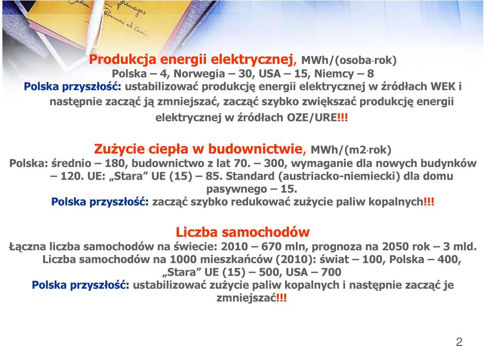 300, wymaganie dla nowych budynków 120. UE: Stara UE (15) 85. Standard (austriacko-niemiecki) dla domu pasywnego 15. Polska przyszłość: zacząć szybko redukować zużycie paliw kopalnych!