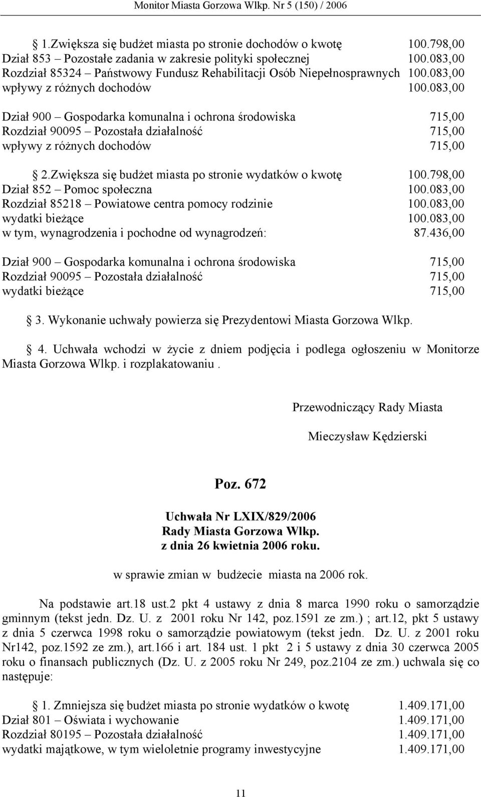 083,00 Dział 900 Gospodarka komunalna i ochrona środowiska 715,00 Rozdział 90095 Pozostała działalność 715,00 wpływy z różnych dochodów 715,00 2.