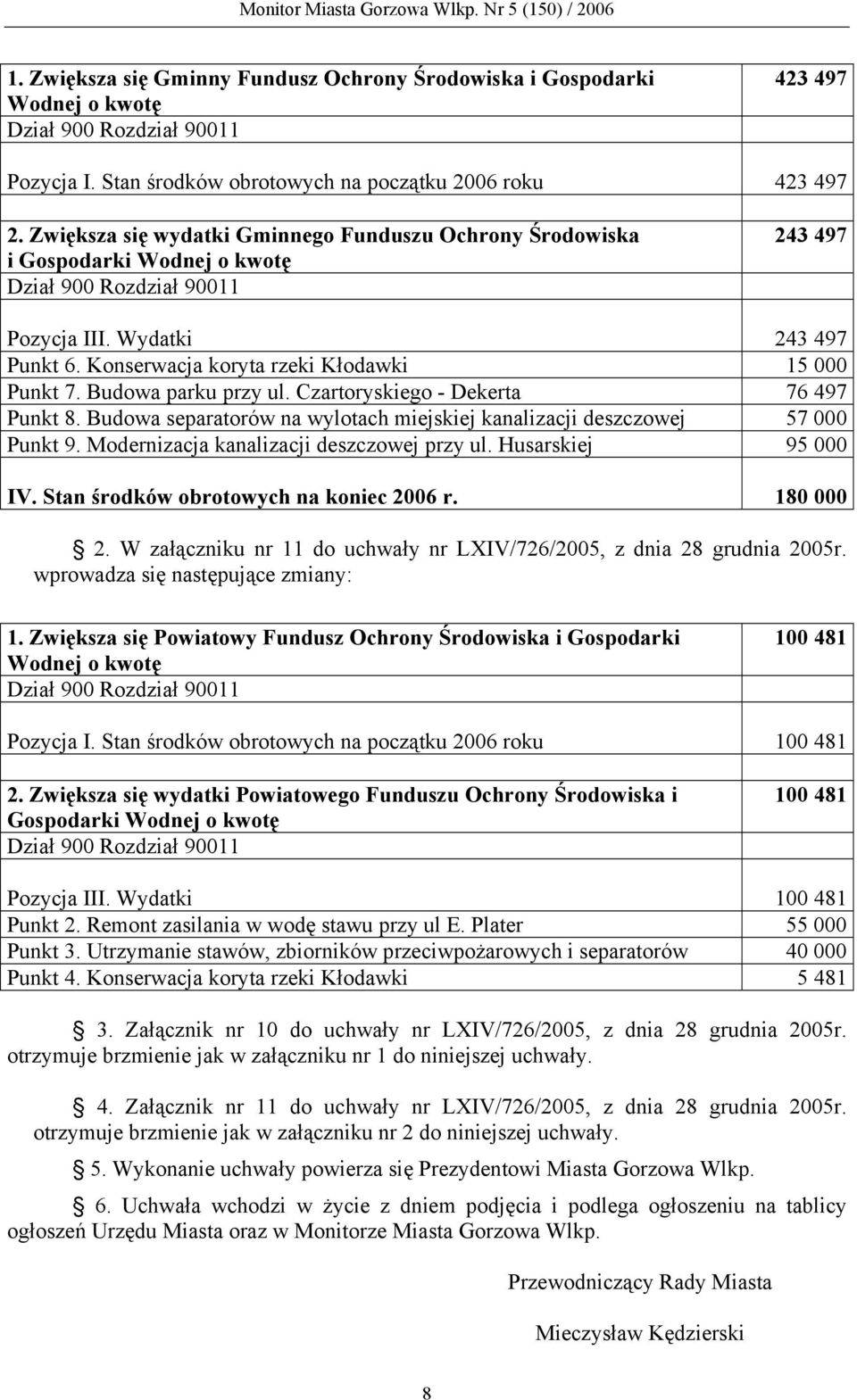 Konserwacja koryta rzeki Kłodawki 15 000 Punkt 7. Budowa parku przy ul. Czartoryskiego - Dekerta 76 497 Punkt 8. Budowa separatorów na wylotach miejskiej kanalizacji deszczowej 57 000 Punkt 9.