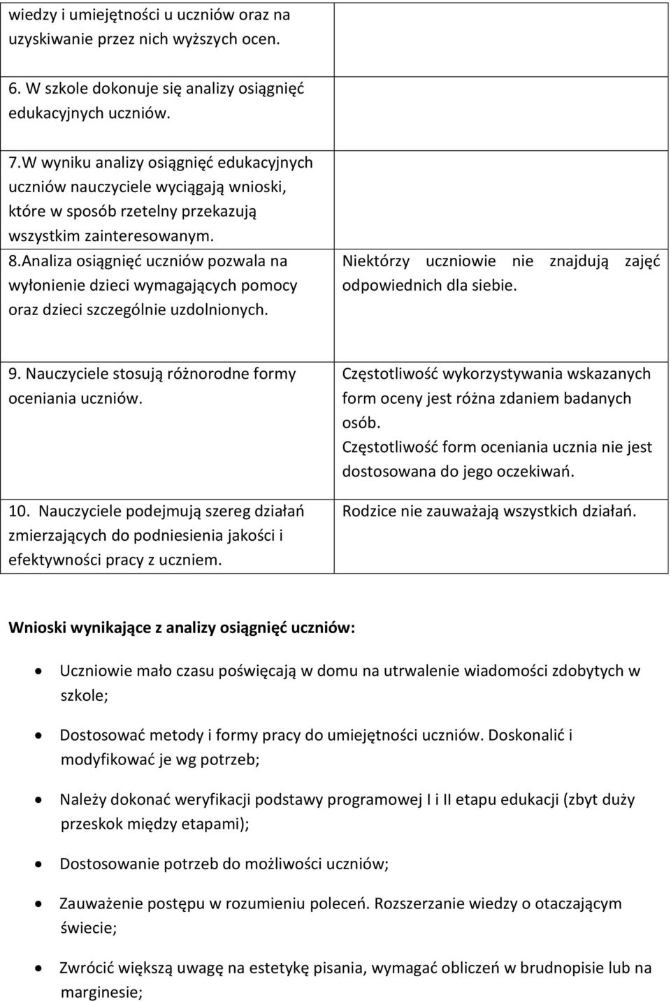 Analiza osiągnięć uczniów pozwala na wyłonienie dzieci wymagających pomocy oraz dzieci szczególnie uzdolnionych. Niektórzy uczniowie nie znajdują zajęć odpowiednich dla siebie. 9.