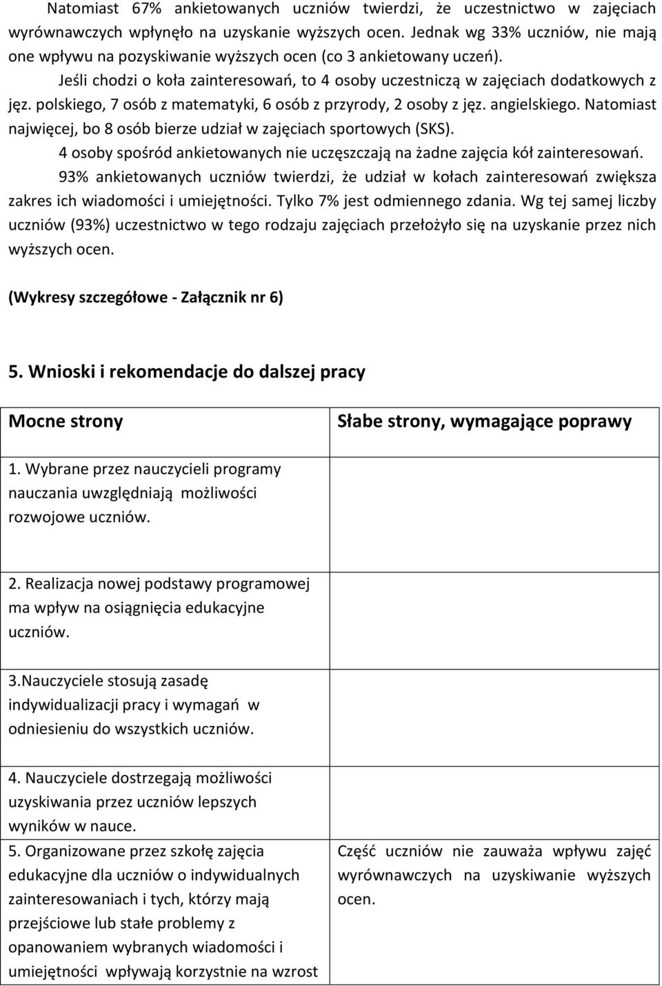 polskiego, 7 osób z matematyki, 6 osób z przyrody, 2 osoby z jęz. angielskiego. Natomiast najwięcej, bo 8 osób bierze udział w zajęciach sportowych (SKS).