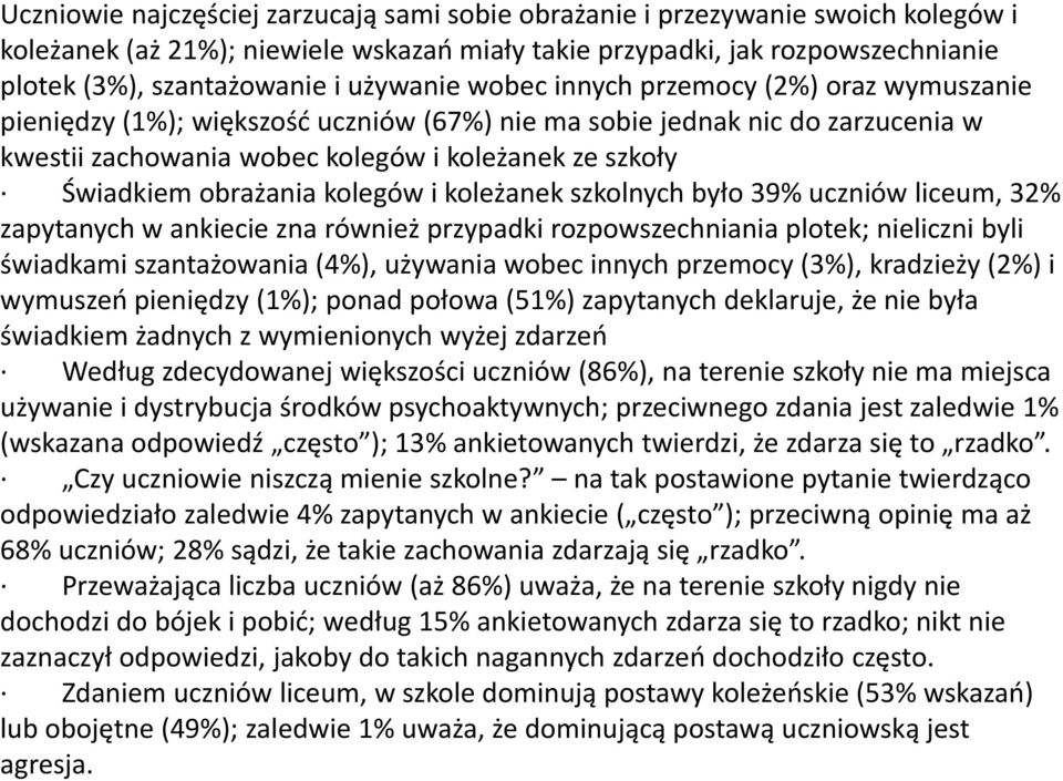 obrażania kolegów i koleżanek szkolnych było 39% uczniów liceum, 32% zapytanych w ankiecie zna również przypadki rozpowszechniania plotek; nieliczni byli świadkami szantażowania (4%), używania wobec