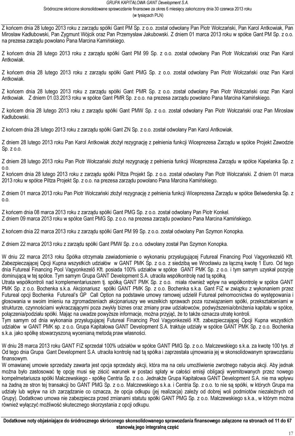 Z końcem dnia 28 lutego 2013 roku z zarządu spółki Gant PMG Sp. z o.o. został odwołany Pan Piotr Wołczański oraz Pan Karol Antkowiak. Z końcem dnia 28 lutego 2013 roku z zarządu spółki Gant PMR Sp.
