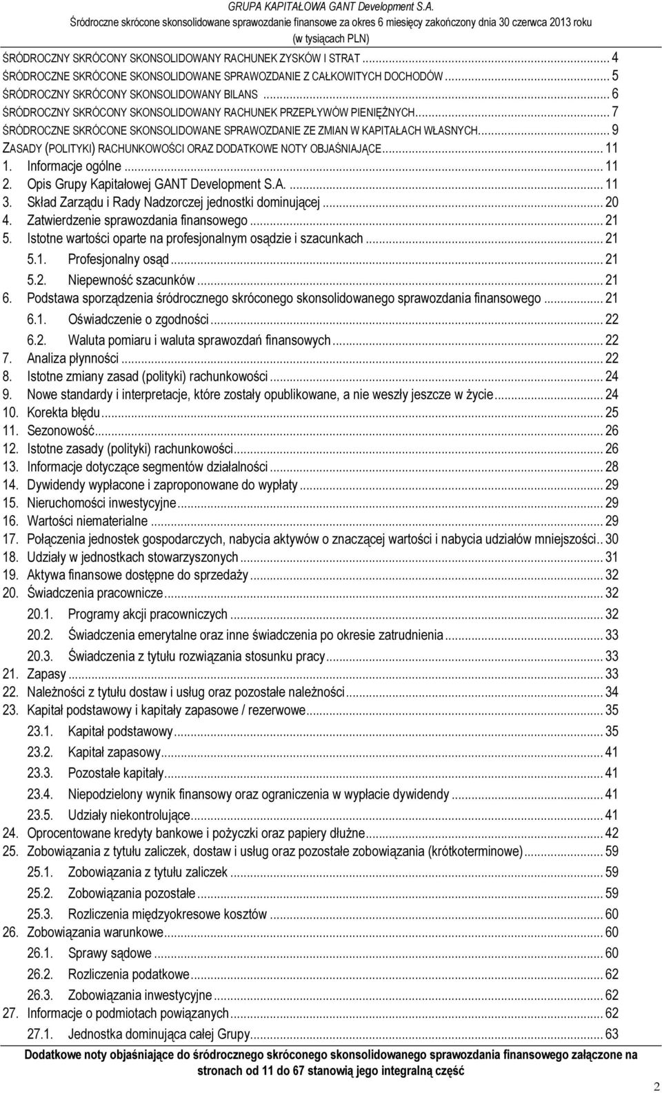 .. 9 ZASADY (POLITYKI) RACHUNKOWOŚCI ORAZ DODATKOWE NOTY OBJAŚNIAJĄCE... 11 1. Informacje ogólne... 11 2. Opis Grupy Kapitałowej GANT Development S.A.... 11 3.