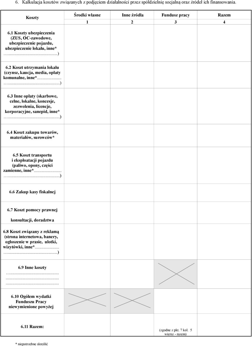 2 Koszt utrzymania lokalu (czynsz, kaucja, media, opłaty komunalne, inne*......) 6.3 Inne opłaty (skarbowe, celne, lokalne, koncesje, zezwolenia, licencje, korporacyjne, sanepid, inne*...) 6.4 Koszt zakupu towarów, materiałów, surowców* 6.
