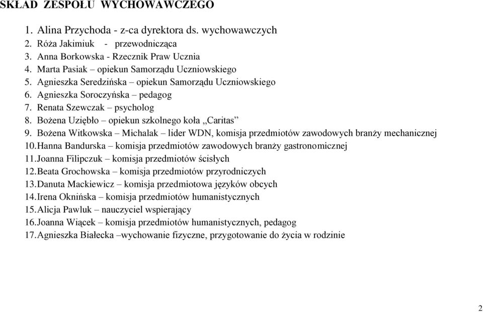 Bożena Witkowska Michalak lider WDN, komisja przedmiotów zawodowych branży mechanicznej 10. Hanna Bandurska komisja przedmiotów zawodowych branży gastronomicznej 11.
