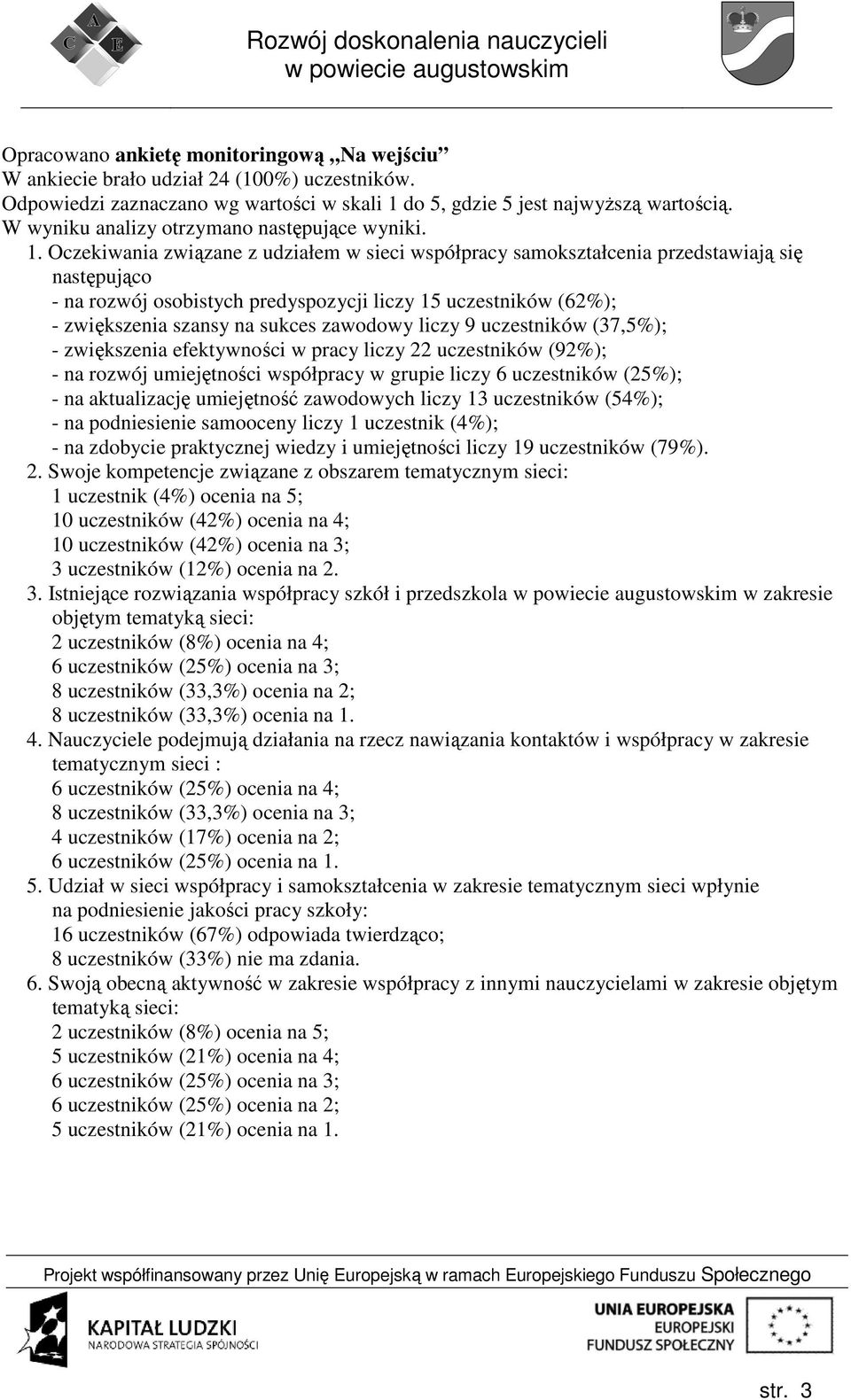 Oczekiwania związane z udziałem w sieci współpracy samokształcenia przedstawiają się następująco - na rozwój osobistych predyspozycji liczy 15 uczestników (62%); - zwiększenia szansy na sukces