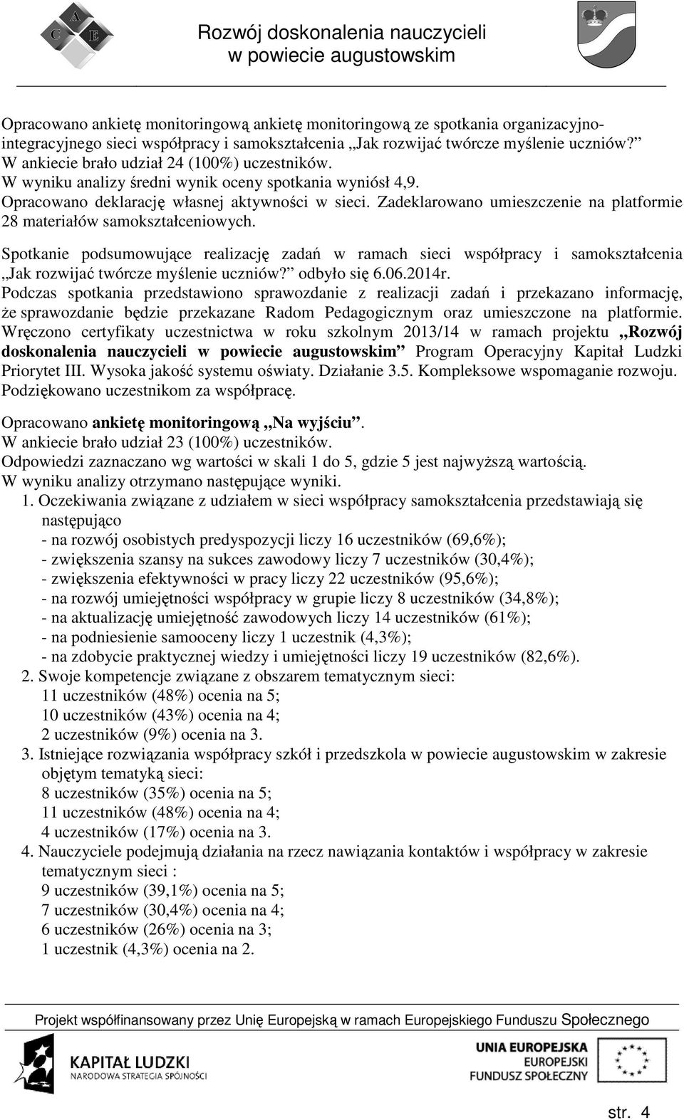 Zadeklarowano umieszczenie na platformie 28 materiałów samokształceniowych. Spotkanie podsumowujące realizację zadań w ramach sieci współpracy i samokształcenia Jak rozwijać twórcze myślenie uczniów?