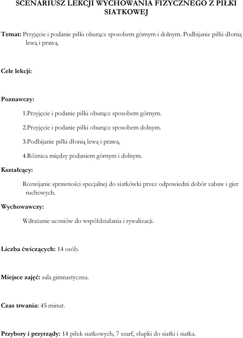 Podbijanie piłki dłonią lewą i prawą. 4.Różnica między podaniem górnym i dolnym. Rozwijanie sprawności specjalnej do siatkówki przez odpowiedni dobór zabaw i gier ruchowych.