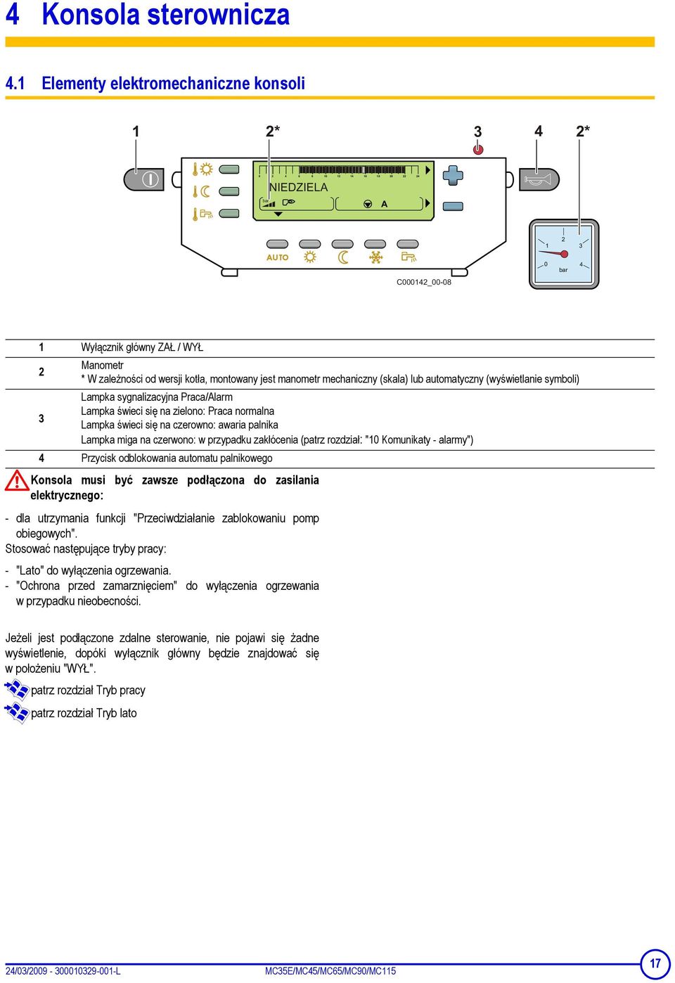 Lampka sygnalizacyjna Praca/Alarm Lampka świeci się na zielono: Praca normalna Lampka świeci się na czerowno: awaria palnika Lampka miga na czerwono: w przypadku zakłócenia (patrz rozdział: "10