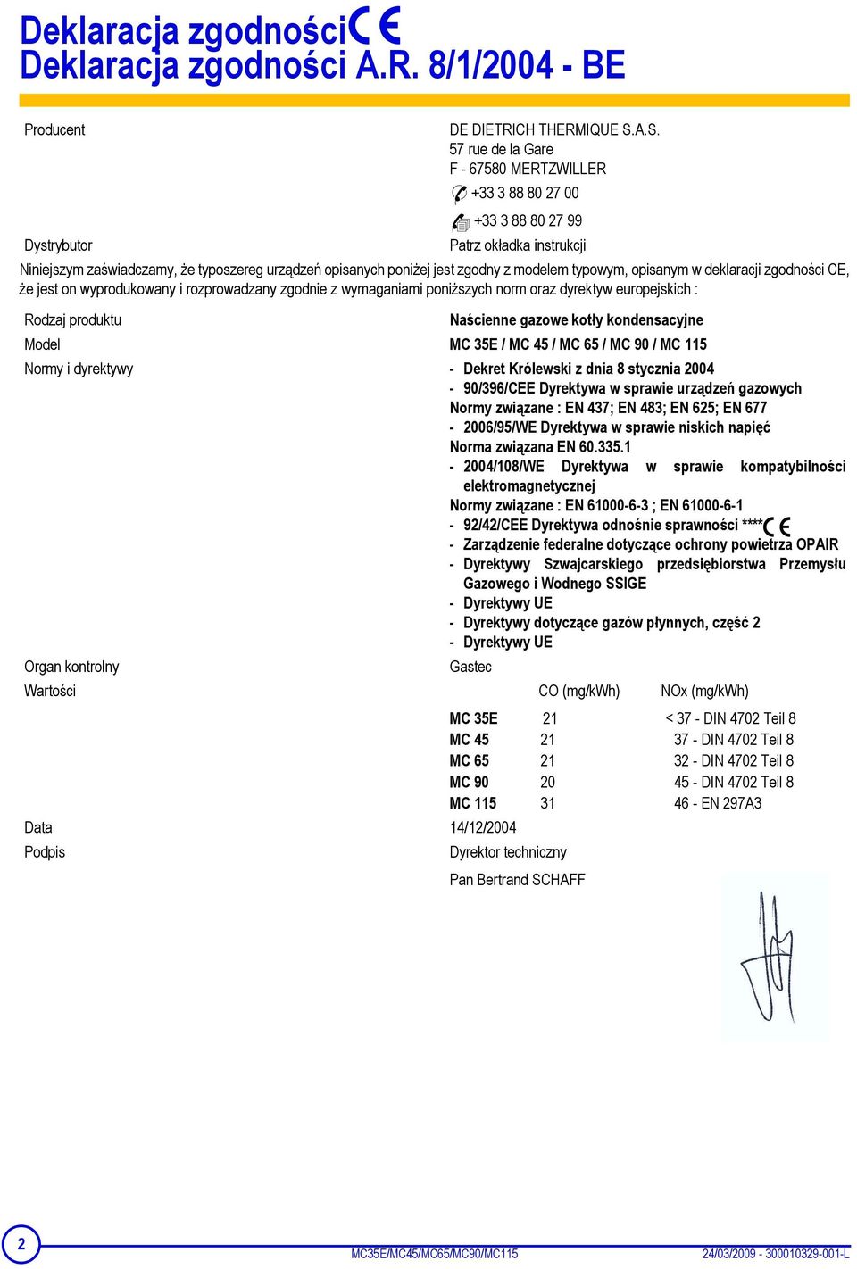 typowym, opisanym w deklaracji zgodności CE, że jest on wyprodukowany i rozprowadzany zgodnie z wymaganiami poniższych norm oraz dyrektyw europejskich : Rodzaj produktu Naścienne gazowe kotły