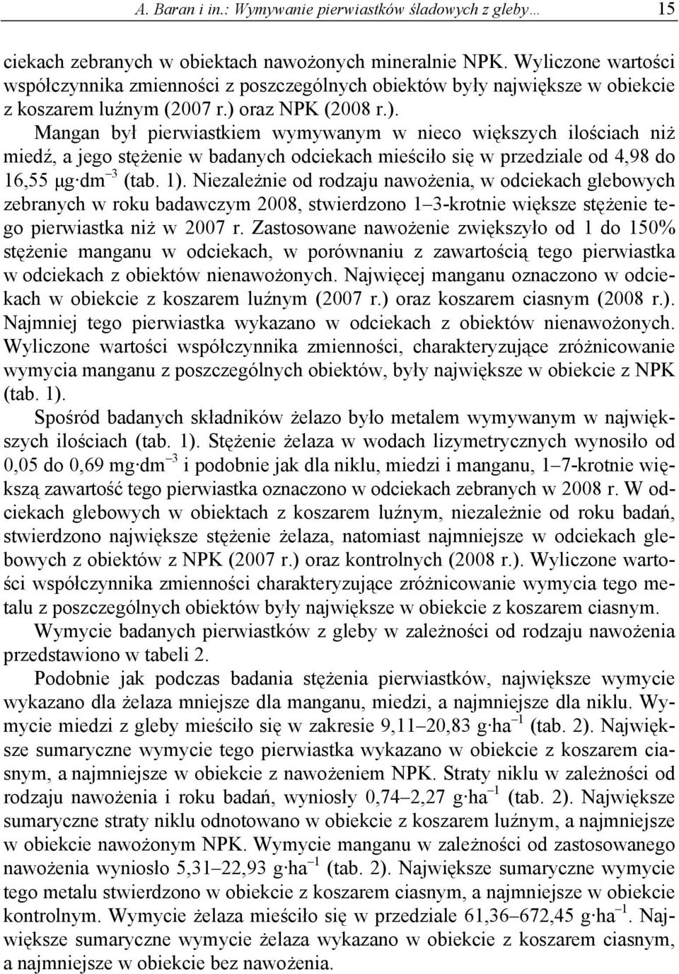 oraz NPK (2008 r.). Mangan był pierwiastkiem wymywanym w nieco większych ilościach niż miedź, a jego stężenie w badanych odciekach mieściło się w przedziale od 4,98 do 16,55 μg dm 3 (tab. 1).