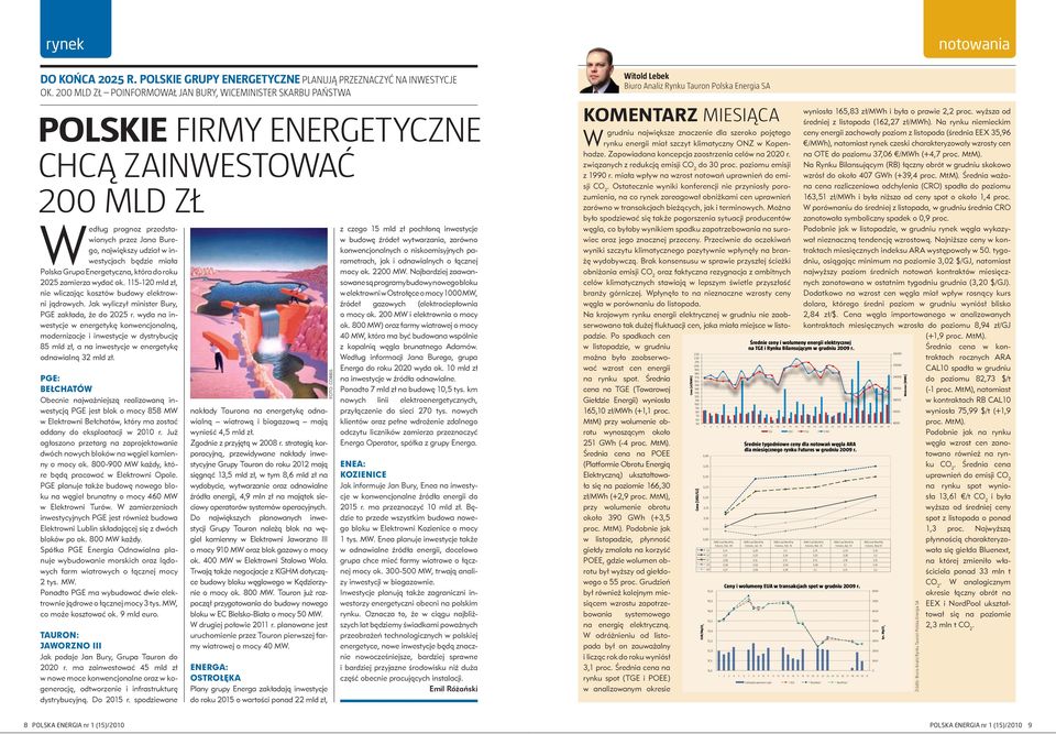 inwestycjach będzie miała Polska Grupa Energetyczna, która do roku 2025 zamierza wydać ok. 115-120 mld zł, nie wliczając kosztów budowy elektrowni jądrowych.