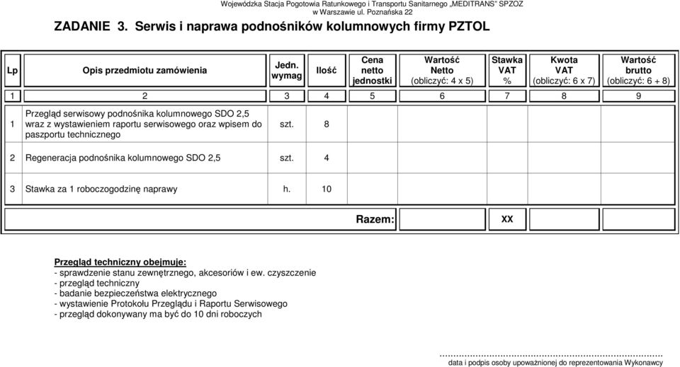 wystawieniem raportu serwisowego oraz wpisem do paszportu technicznego szt. 8 2 Regeneracja podnośnika kolumnowego SDO 2,5 szt. 4 3 Stawka za 1 roboczogodzinę naprawy h.